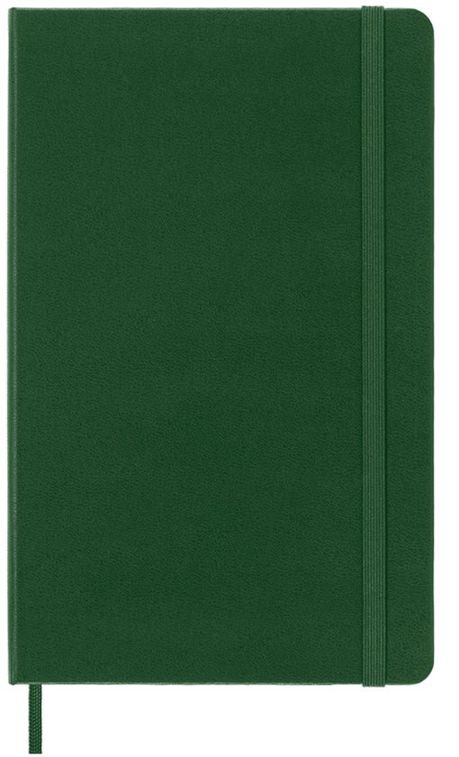 Groen moleskine notitieboek met elastische band en een groen lint op de omslag.