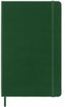 Groen moleskine notitieboek met elastische band en een groen lint op de omslag.