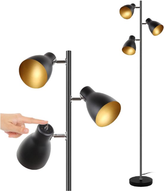 Osasy Floor Reading Lamp, Tree Floor Lamp with 3 Adjustable Rotating Lights, Independent Control, Retro Metal, Black-Gold, E14, 168 cm, Floor Lamp for Living Room, Bedroom, Office, Home