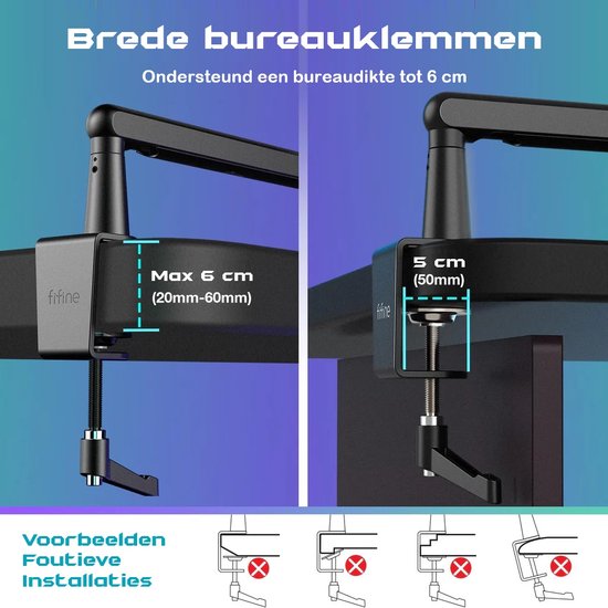 Comparaison de larges pinces de bureau, supporte un bureau jusqu'à 6 cm d'épaisseur.