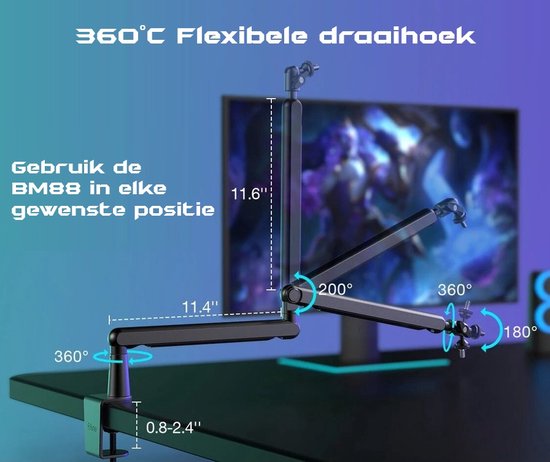 Bras de microphone noir fixé à un bureau, démontrant l'angle de rotation flexible de 360° et les dimensions.