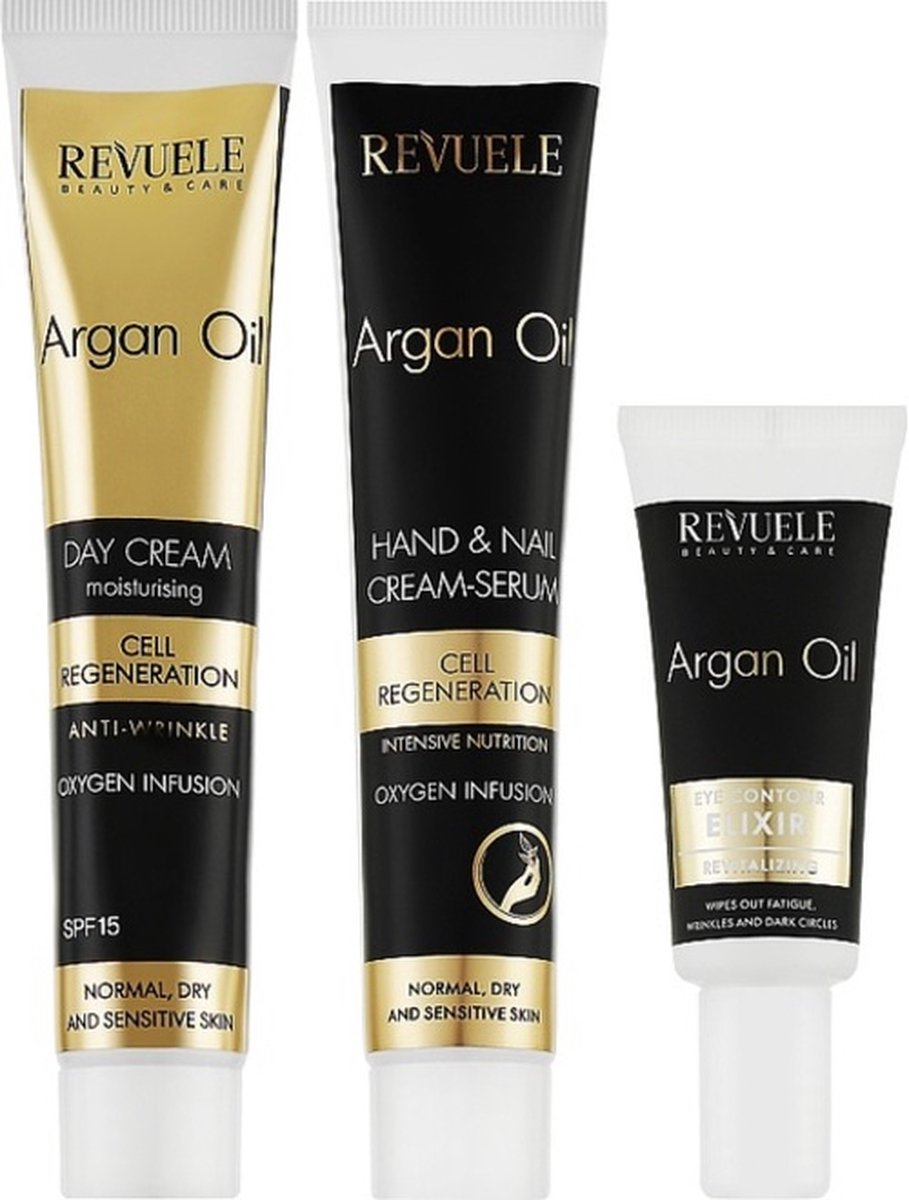 Goedkoopste Revuele Arganolie Geschenkset – 3 Delige Set met Gezichtscrème (50ml), Hand- en Nagelcrème (50ml) en Oog Elixir (25ml) voor Hydratatie en Huidverzorging
