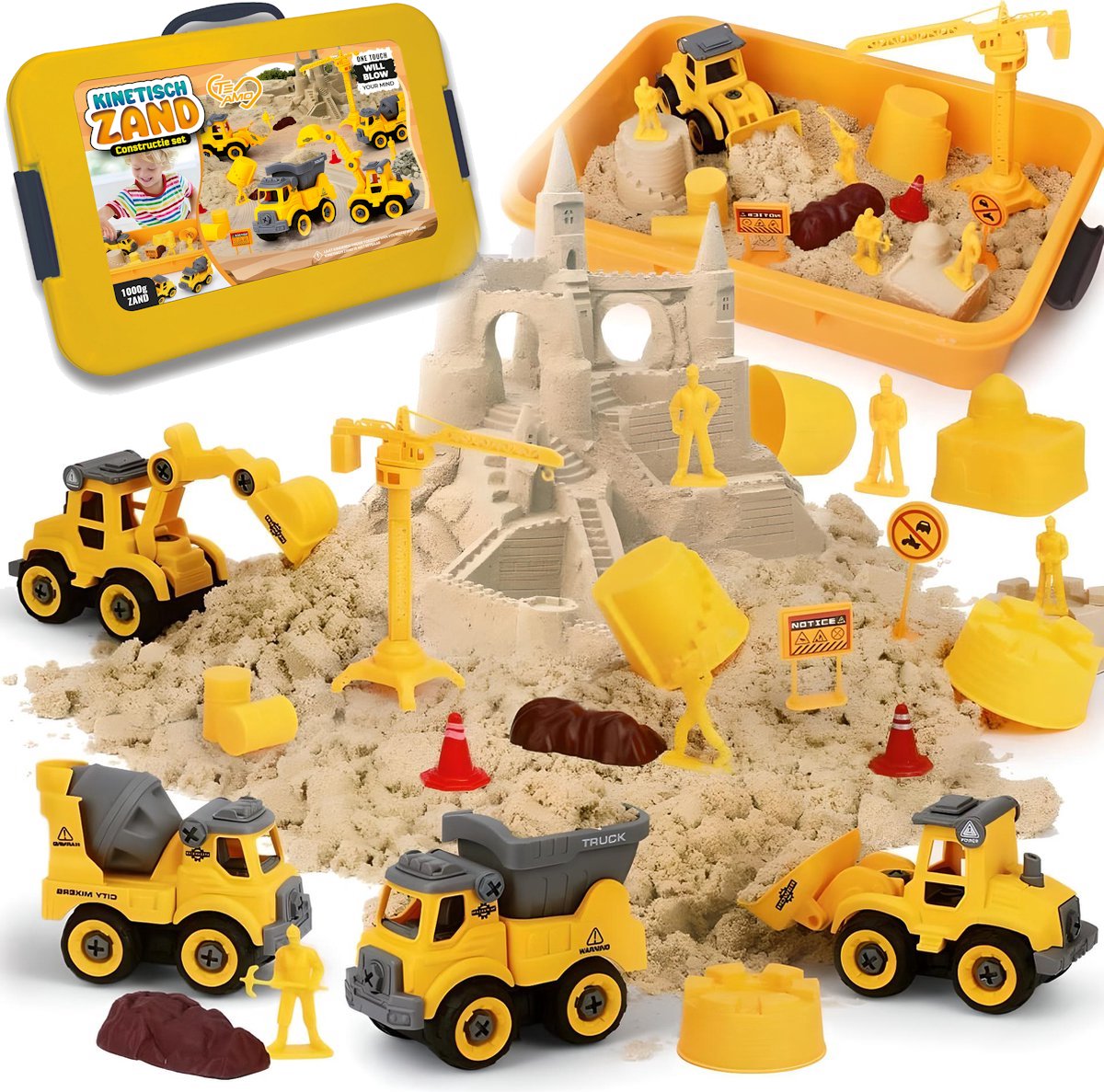Te Amo - Kinetisch zand voor binnen - met Vormpjes en Speelgoed Auto - kenetisch zand - Magisch zand bak starterset voor kinderen - Met speel en opbergkoffer - Constructie set