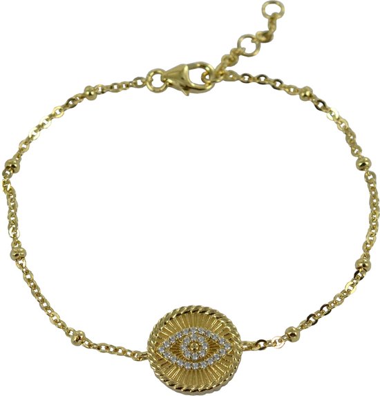 Silventi 9SIL-21434 Bracelet en Argent avec Pendentif - Femme - Oeil - Diamètre 13 mm - Zircone - Interrupteur d'Ancre avec Bolletjes - 16 + 1 + 1 cm - Argent - Plaqué Or (Plaqué Or / Or sur Argent)