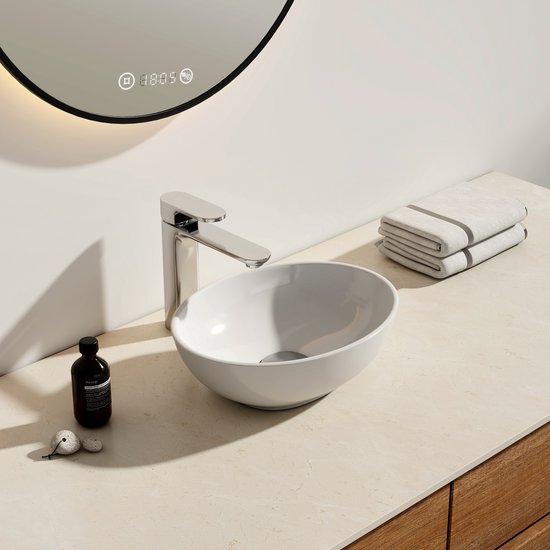EMKE Vasque à Poser Ovale - Céramique - Wit Brillant - 35x21x11 cm - Lavabo de Salle de Bain