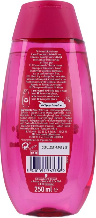 Roze fles met ingrediënten en recycle-instructies. Bevat 250 ml.
