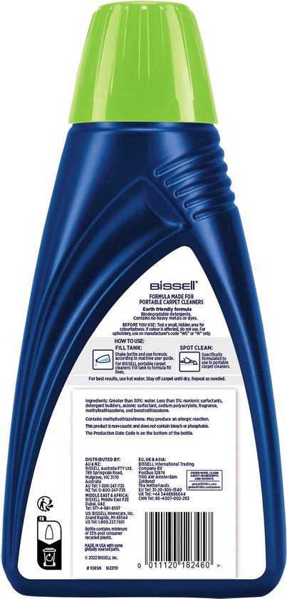 Achterkant van een BISSELL Pet Stain & Odour fles met groene dop, met ingrediënten en instructies.