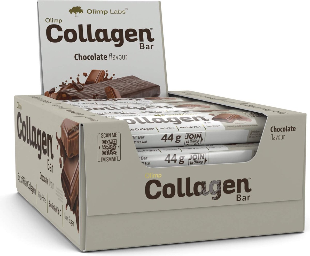 Goedkoopste Collagen Bar Chocolate flavour 25 44 g, 5 g vis collageen/reep plus vitamine C, D, A, biotine en mangaan BBD 11.06.2025
