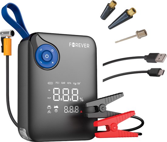 Forever 12V Jumpstarter 7200mAh 600A Met Compressor 10 bar Bandenpomp Powerbank LED Zaklamp