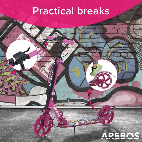 Roze AREBOS step met "Praktische remmen" tekst. Afbeeldingen tonen remhendel en voetrem.
