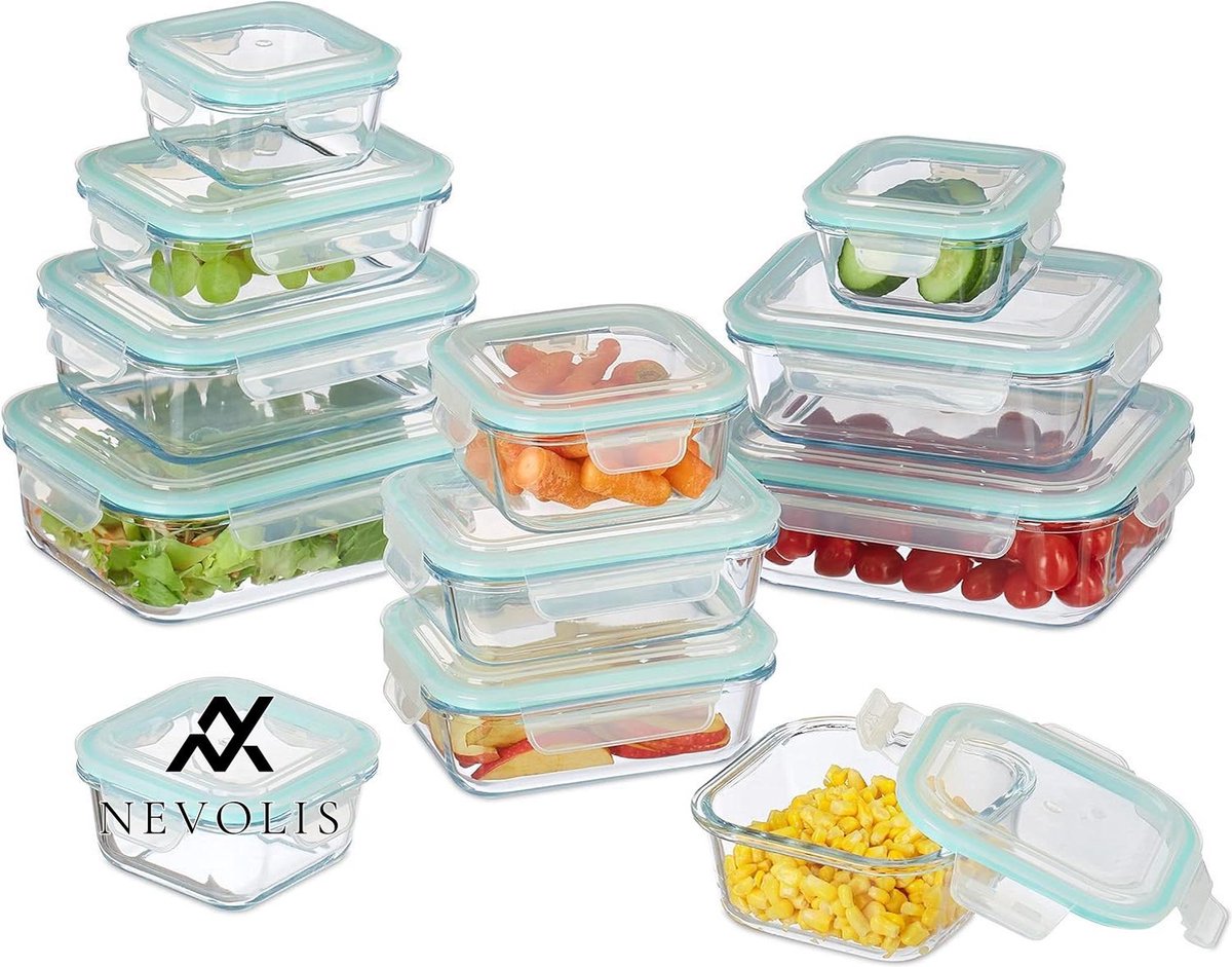 Nevolis 1 liter glazen vershouddozen met deksel - maalprep dozen glas - luchtdicht - 142 x 65 cm - magnetron ovenbestendig - vriezer en vaatwasser geschikt .
