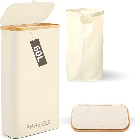 Panier à linge étroit avec couvercle et sac à linge - 60L - Étroit - Panier à linge - Pliable - Panier de rangement - Lin - Beige