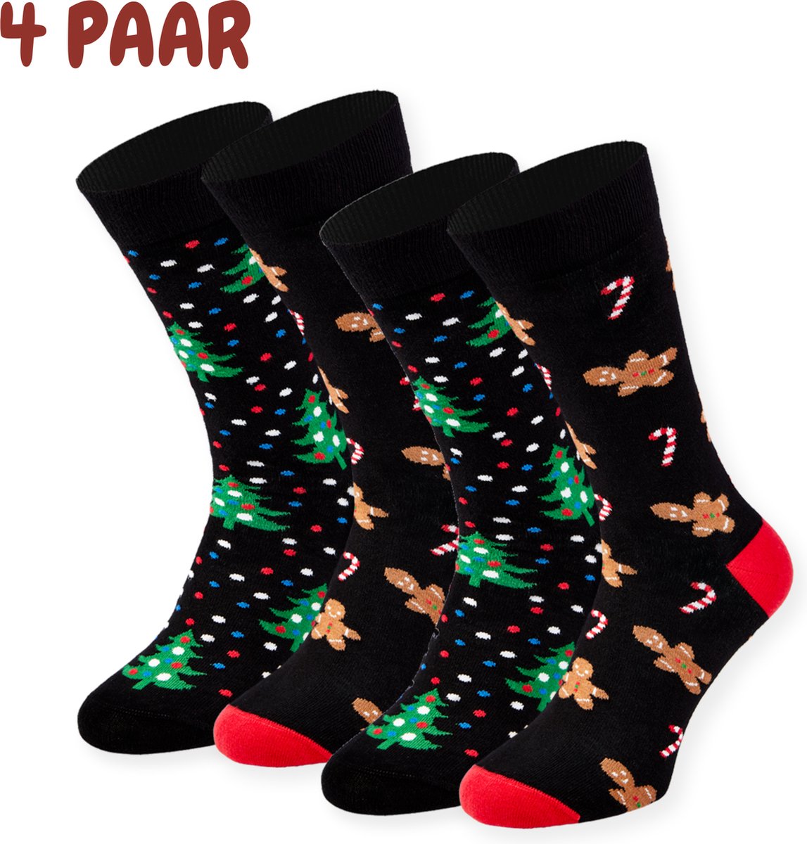 Sokjes.nl® - Kerstsokken - 36-40 - 4 paar - Twee unieke ontwerpen - Naadloos - Perfect kerstcadeau - Happy Kerst sokken