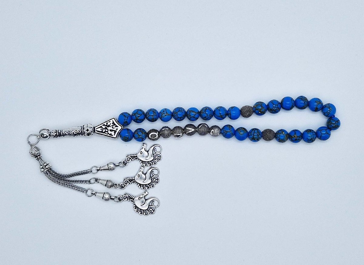 Handgemaakte naam tasbih 33 Kralen Natuursteen “Blauw howliet gesponnen goud” - met metaal tassel “ Zeepaardje"- Met je naam of de naam van uw geliefde- 8 mm diameter van de korrel