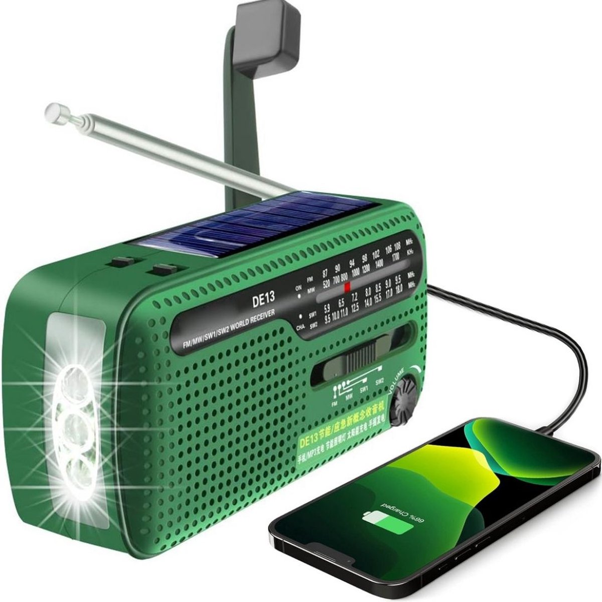 White-Label® Noodradio - Noodpakket Oorlog - Draagbare Radio - Powerbank Zonneenergie - Transistor Radio op Batterijen - Groen