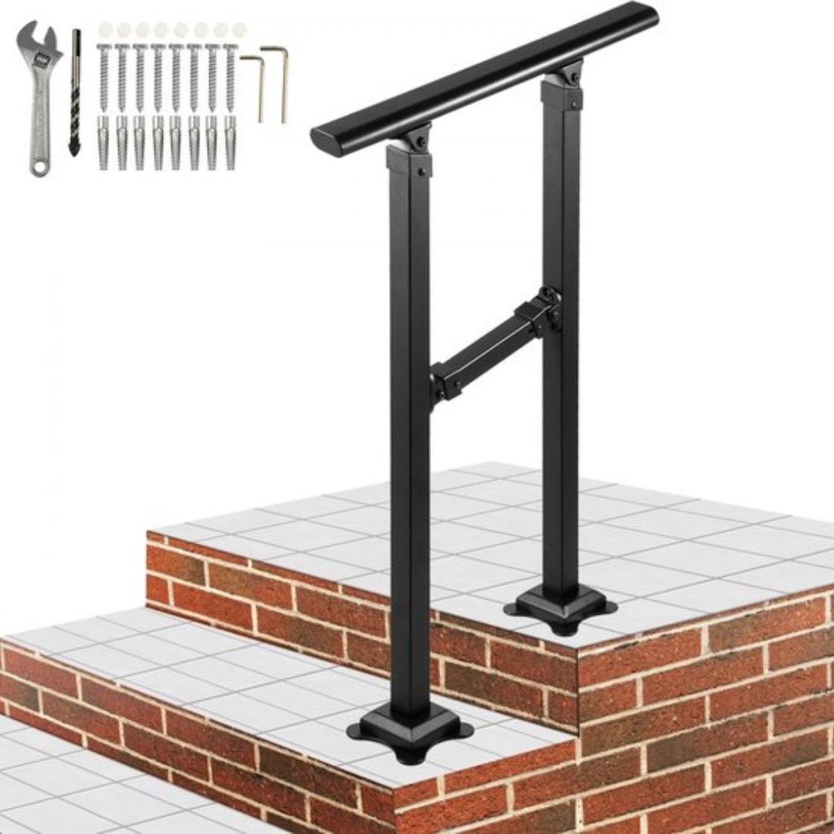 Trapleuning, Geschikt voor 0-1 Stap Overgangs Smeedijzeren Trap Rail, Verstelbare Balustrade Trap Rail, Trapleuning Steun voor Betonnen Treden met Installatiekit, Mat Zwarte Buiten Trapleuning