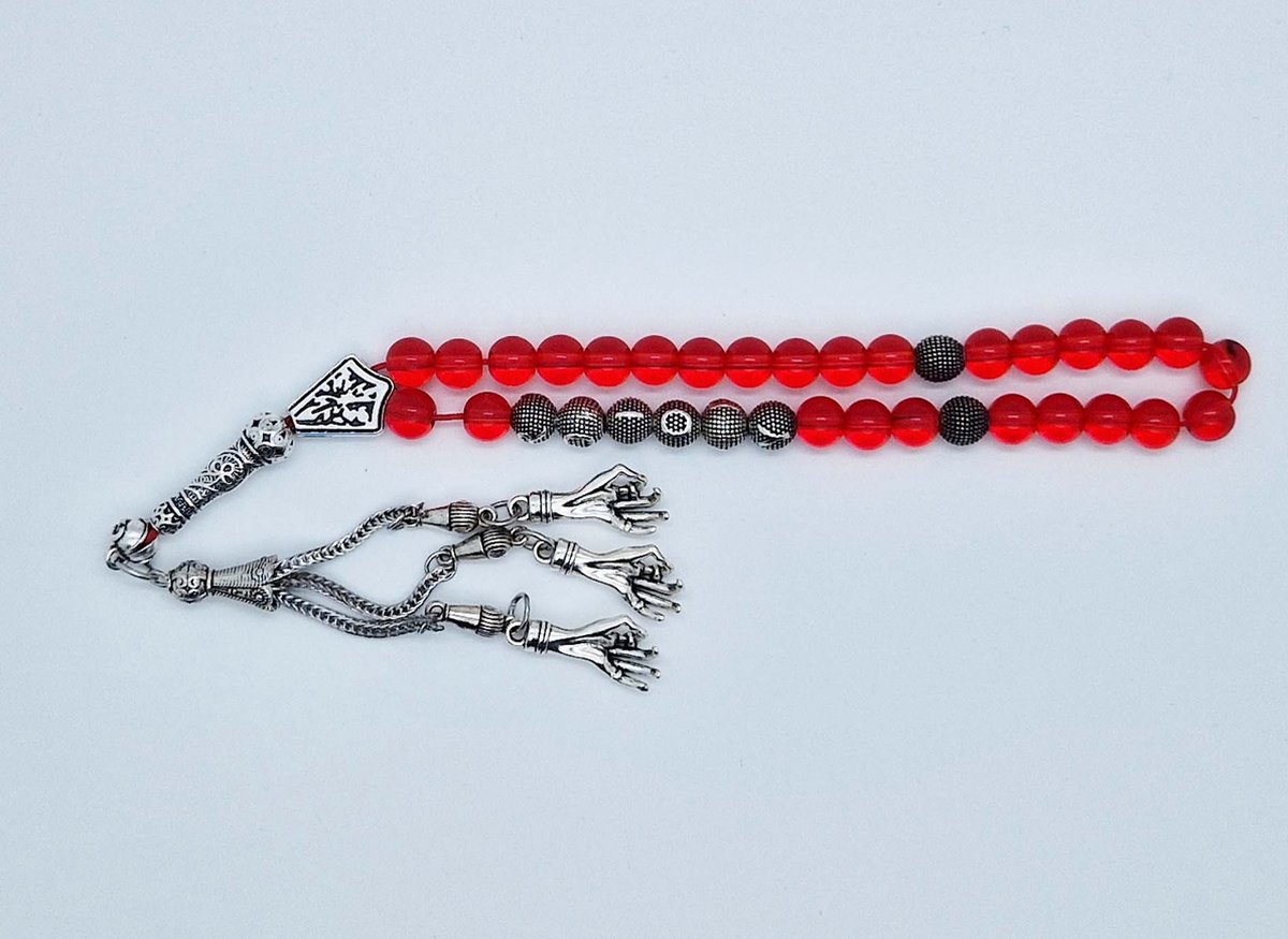 Handgemaakte naam tasbih 33 Kralen Natuursteen “Rode kwarts” - met metaal tassel “ Handpalm"- Met je naam of de naam van uw geliefde- 8 mm diameter van de korrel