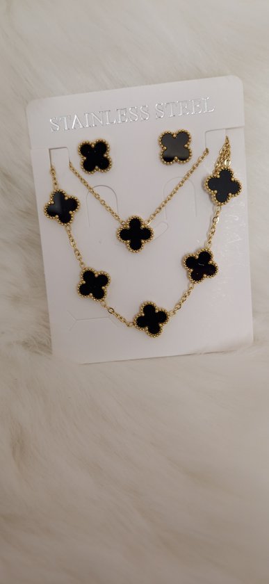 EHH BEAUTY - Parure trèfle - Boucles d'oreilles , Bracelet, Collier - Couleur noire - trèfle diamètre 10 mm - pochette de rangement noire