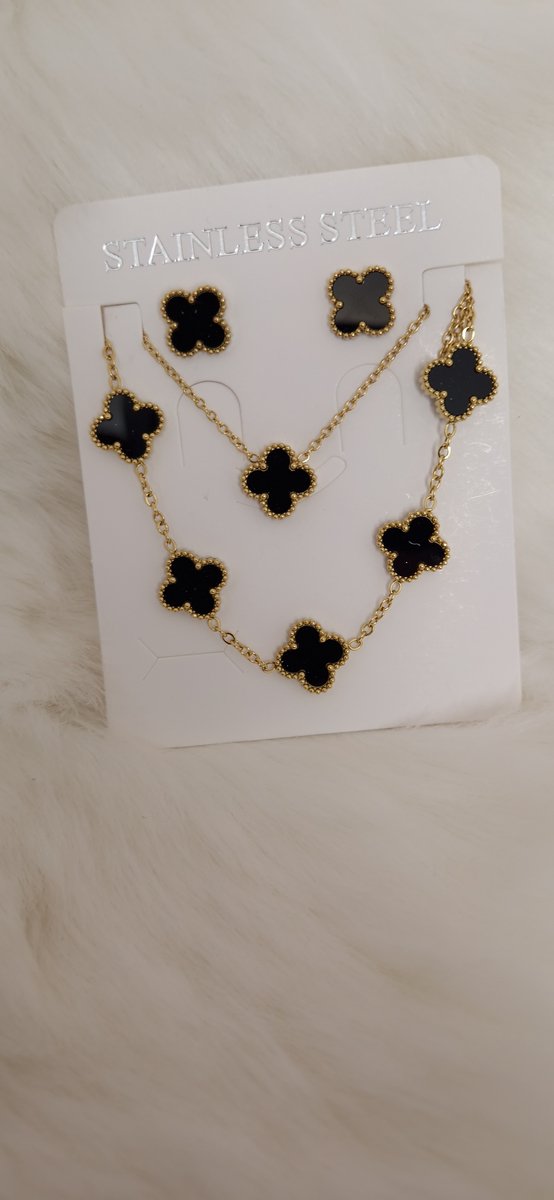 EHH BEAUTY - Klaver set - Oorbellen ,Armband , Ketting - Zwarte kleur- klaver 13 mm doorsnee - opbergzakje zwart