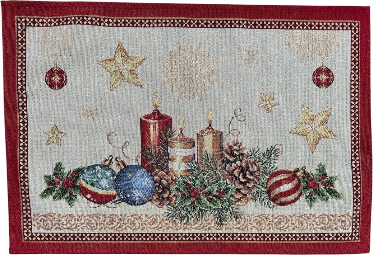 Placemat - Luxe Gobelinstof - Kerst - Kerstballen - Kaarsen - Rood - 35 x 45 cm