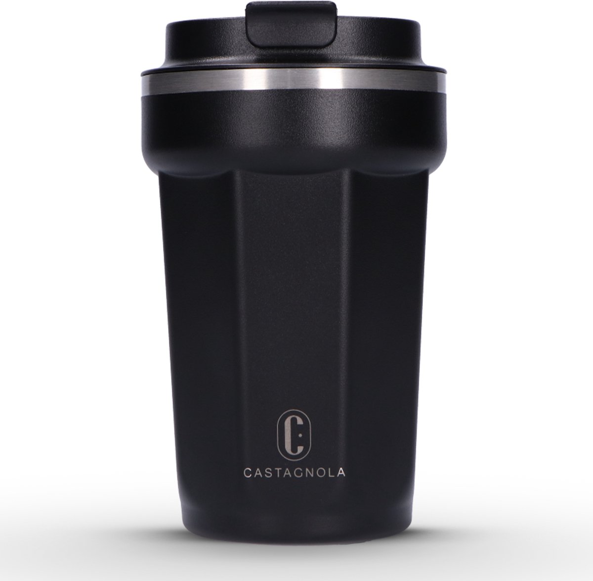 Castagnola Thermosbeker - Koffiebeker To Go - Travel Mug voor Koffie en Thee - Theebeker - 380 ML - RVS - Zwart - Octagon