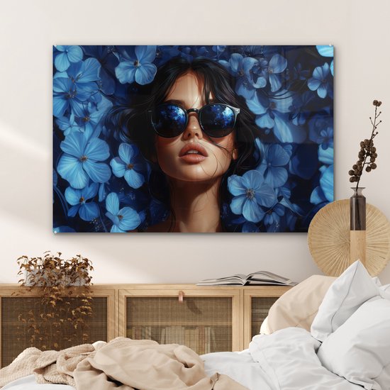 MuchoWow® Peinture sur verre 120x80 cm - Peinture sur verre acrylique - Femme - Blauw - Fleurs - Papillons - Nature - Photo sur verre - Décoration murale salon - Décoration murale chambre - Peintures