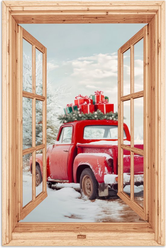 Poster 40x60 cm - Doorkijk - Auto - Kerst - Cadeaus - Winter - Landschap - Posters - Kamer decoratie - Wanddecoratie woonkamer - Muurdecoratie slaapkamer - Kerstversiering - Kerstdecoratie voor binnen - Kerstmis