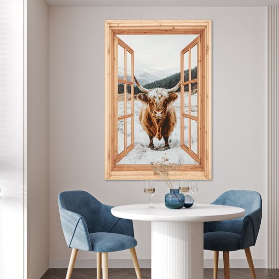 Poster 80x120 cm - Schotse Hooglander - Landschap - Landelijk - Bergen - Winter - Doorkijk - Posters - Kamer decoratie - Wanddecoratie woonkamer - Muurdecoratie slaapkamer