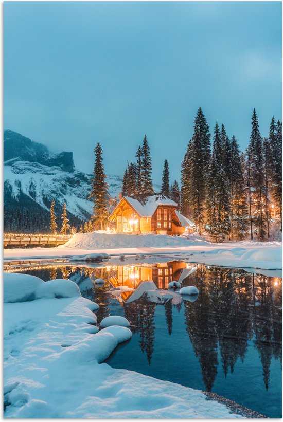 Poster 60x90 cm - Winterlandschap - Natuur - Huis - Bergen - Sneeuw - Posters - Kamer decoratie - Wanddecoratie woonkamer - Muurdecoratie slaapkamer