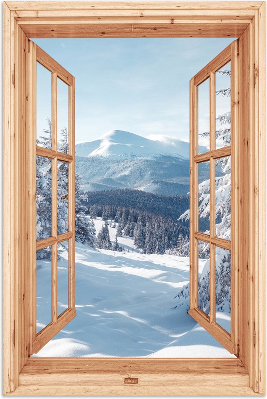 Poster 80x120 cm - Doorkijk - Winterlandschap - Natuur - Berg - Bomen - Hout - Posters - Kamer decoratie - Wanddecoratie woonkamer - Muurdecoratie slaapkamer