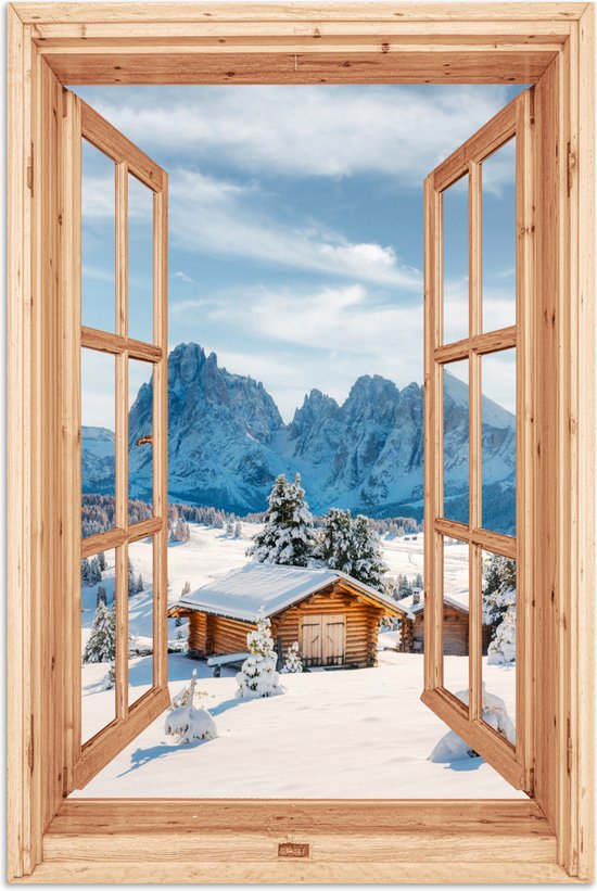 Poster 80x120 cm - Doorkijk - Winterlandschap - Huisje - Bergen - Uitzicht - Posters - Kamer decoratie - Wanddecoratie woonkamer - Muurdecoratie slaapkamer