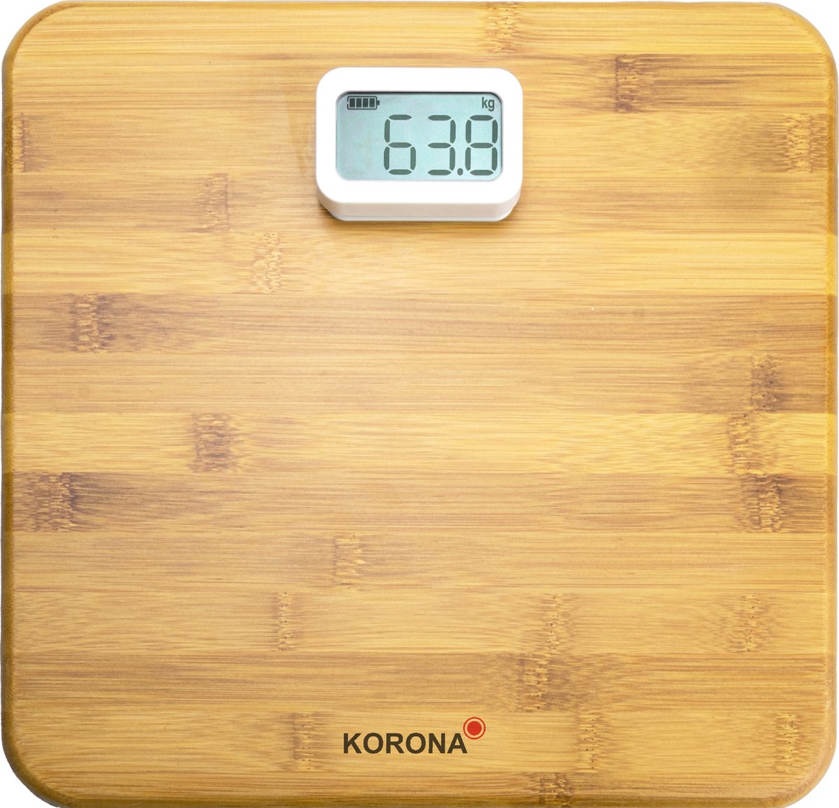 Korona 73161 Batterijloze Bamboeweegschaal MIRIAM | Energieopwekking door het indrukken van het display | Duurzaam bamboe weegoppervlak | Plasticvrije verpakking | 150 kg draagvermogen 100 g indeling