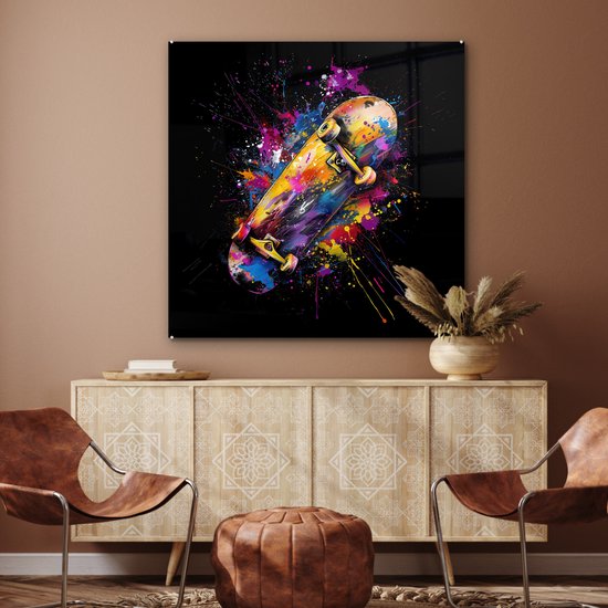 MuchoWow® Glasschilderij 90x90 cm - Schilderij acrylglas - Graffiti - Sport - Skateboard - Skate - Foto op glas - Muurdecoratie woonkamer - Wanddecoratie slaapkamer - Schilderijen