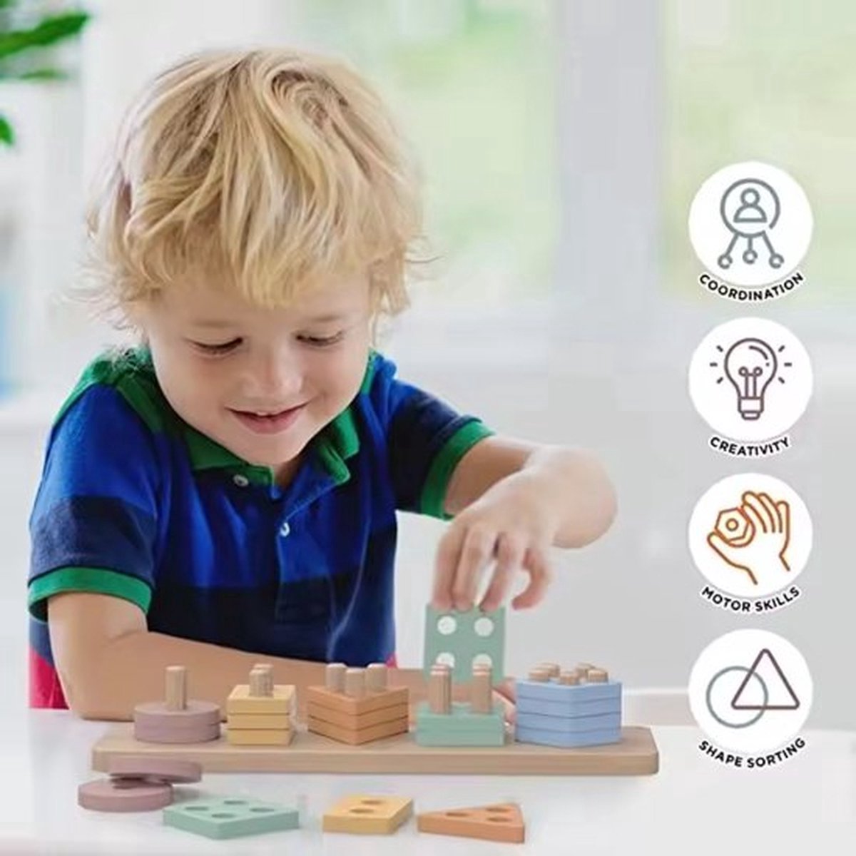 WoodyDoody Montessori Vormen Sorteerspel Sensorisch Speelgoed Vormenstoof - Houten Speelgoed - Montessori Speelgoed voor Motoriek - Educatief Spel van Hout - STEM Speelgoed Vormenstoof met Pastelkleuren - Geometrische Blokken — afbeelding 7