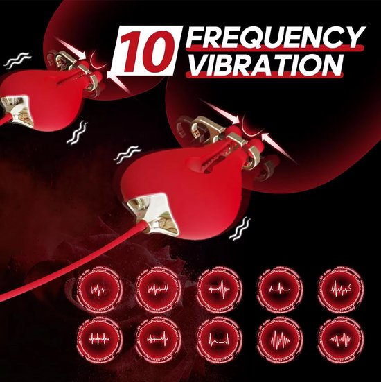 Twee rode hartvormige tepelklemmen met gouden details, met "10 Frequency Vibration" tekst.