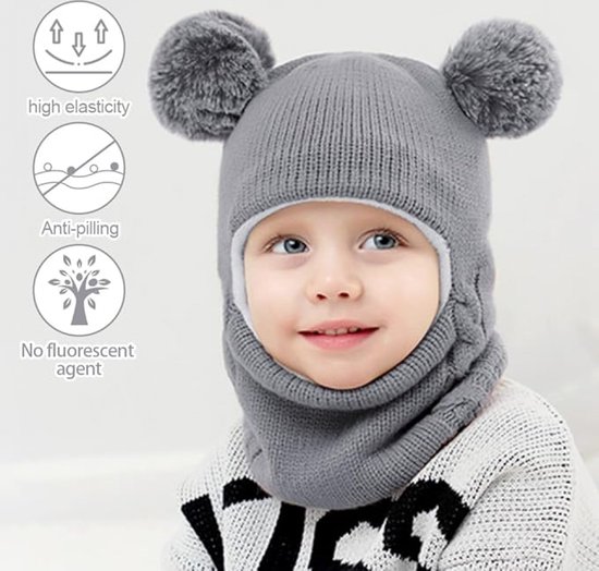 ISAKEN Wintermuts voor kinderen, meisjes, warm, schattig, met pompon, babymuts, beanie, muts, warme gebreide muts, sjaalmuts, fleece muts voor jongens en meisjes, gebreide wintersjaal