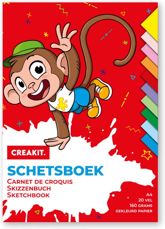 CREAKIT. Schetsboek – A4 Formaat – 20 Vellen – 21 x 29.7 cm – Gelijmd aan bovenzijde – Gekleurd papier – 200 gram