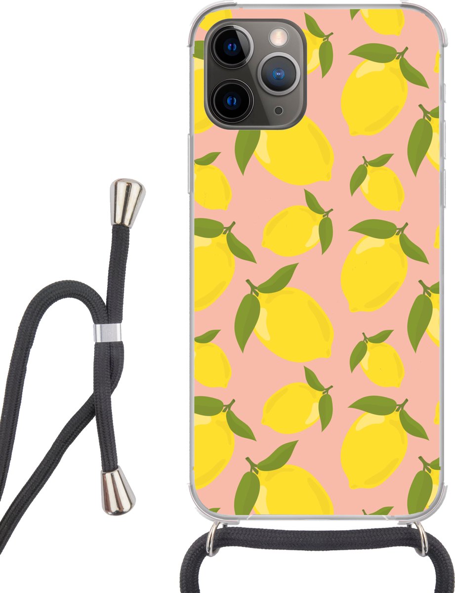 Telefoonhoesje Geschikt voor iPhone 12 pro crossbody - Citroenen - Geel - Roze - Patroon - Vruchten - Siliconen - Crossbody - Backcover met Koord - Telefoonhoesje met koord - Hoesje met touw Telefoonhoesje
