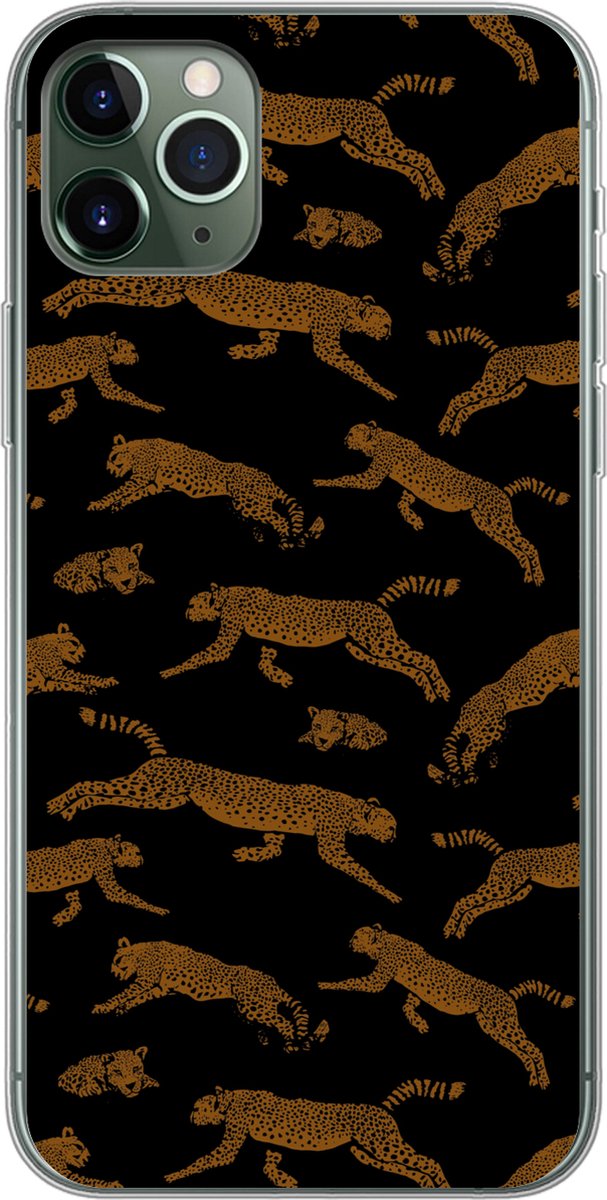 Telefoonhoesje Geschikt voor iPhone 11 Pro Max hoesje - Panters - Patroon - Dieren - Zwart - Bruin - Siliconen Telefoonhoesje Telefoonhoesje