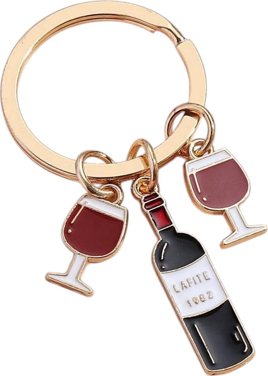 Nina’s Giftshop® Wijn Sleutelhanger – Wijnfles & Wijnglazen – Cadeau voor Wijnliefhebber – Cadeau voor Hem of Haar – Verjaardag – Kerst – Valentijn