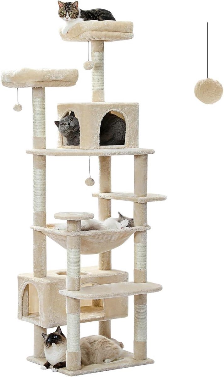 184 cm Grote krabpaal voor grote katten – kattentoren met krabpalen en kussentjes – bedekt met sisal – 2 gewatteerde zitstokken – dubbel verblijf en mand – beige