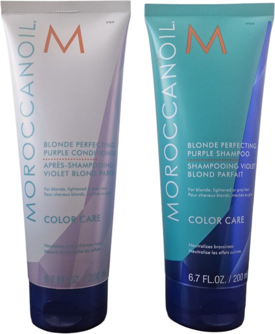 Deux bouteilles Moroccanoil : shampooing et après-shampooing violets pour cheveux blonds, 200 ml.