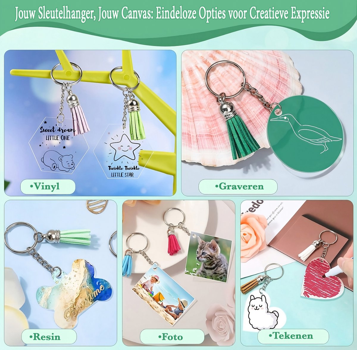 155-Delig DIY Sleutelhangers Maken Knutselpakket met Sleutelringen, Kwastjes, Blanco Transparant Plastic Plexiglas - Foto/Sleutellabels Personaliseren - Knutselen Meisjes, Jongens, Volwassenen Sieraden Hobby - Leeg Acryl Plaat Keychain Graveren — afbeelding 9
