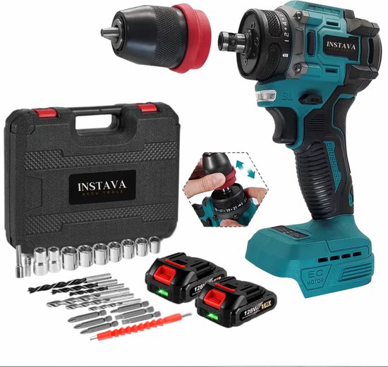 Instava 2 in 1 Accu Schroefboormachine Incl. 2x Accu (2.0Ah) – Geschikt Voor Makita 18v Accu – Incl. Opbergkoffer en 31-delige Set Accessoires