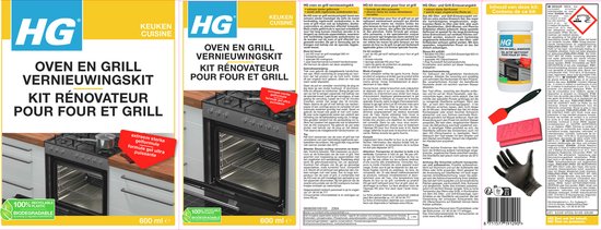 Verpakking van HG oven & grill vernieuwingskit met de tekst 'HG KEUKEN' en een afbeelding van een oven.