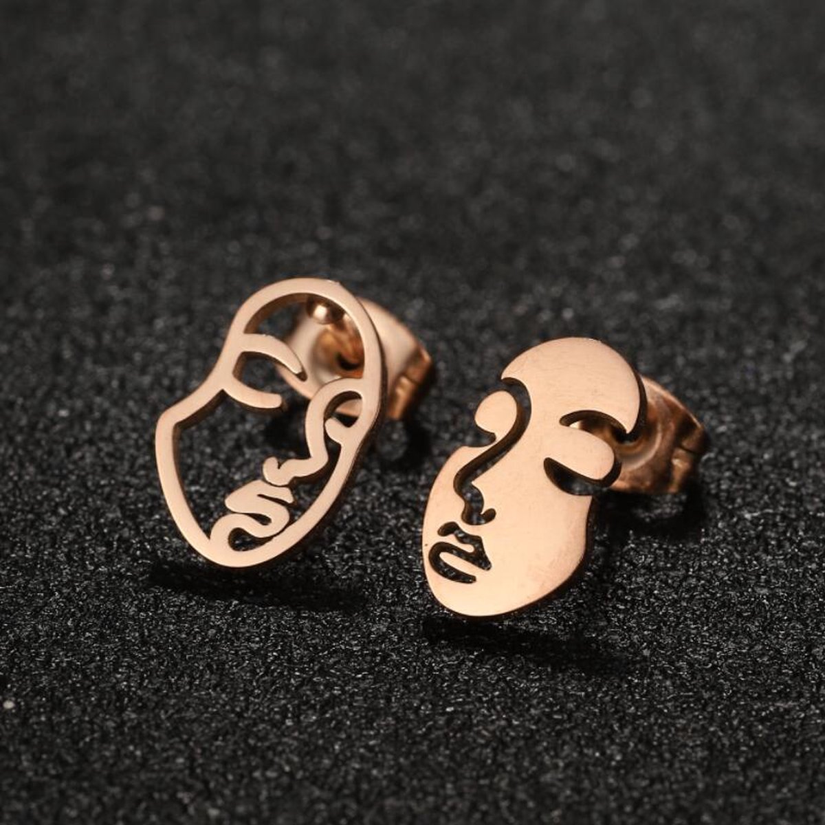 dames oorknoppen met gezicht-RVS oorknoppen-rosegouden-7mm-12mm