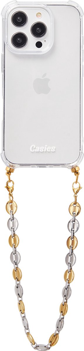 Casies hoesje geschikt voor Apple iPhone 16 Plus met Eclipse koord - Gold Silver chunky cord - Short Size - RVS - Telefoonhoesje met gouden en zilveren schakels
