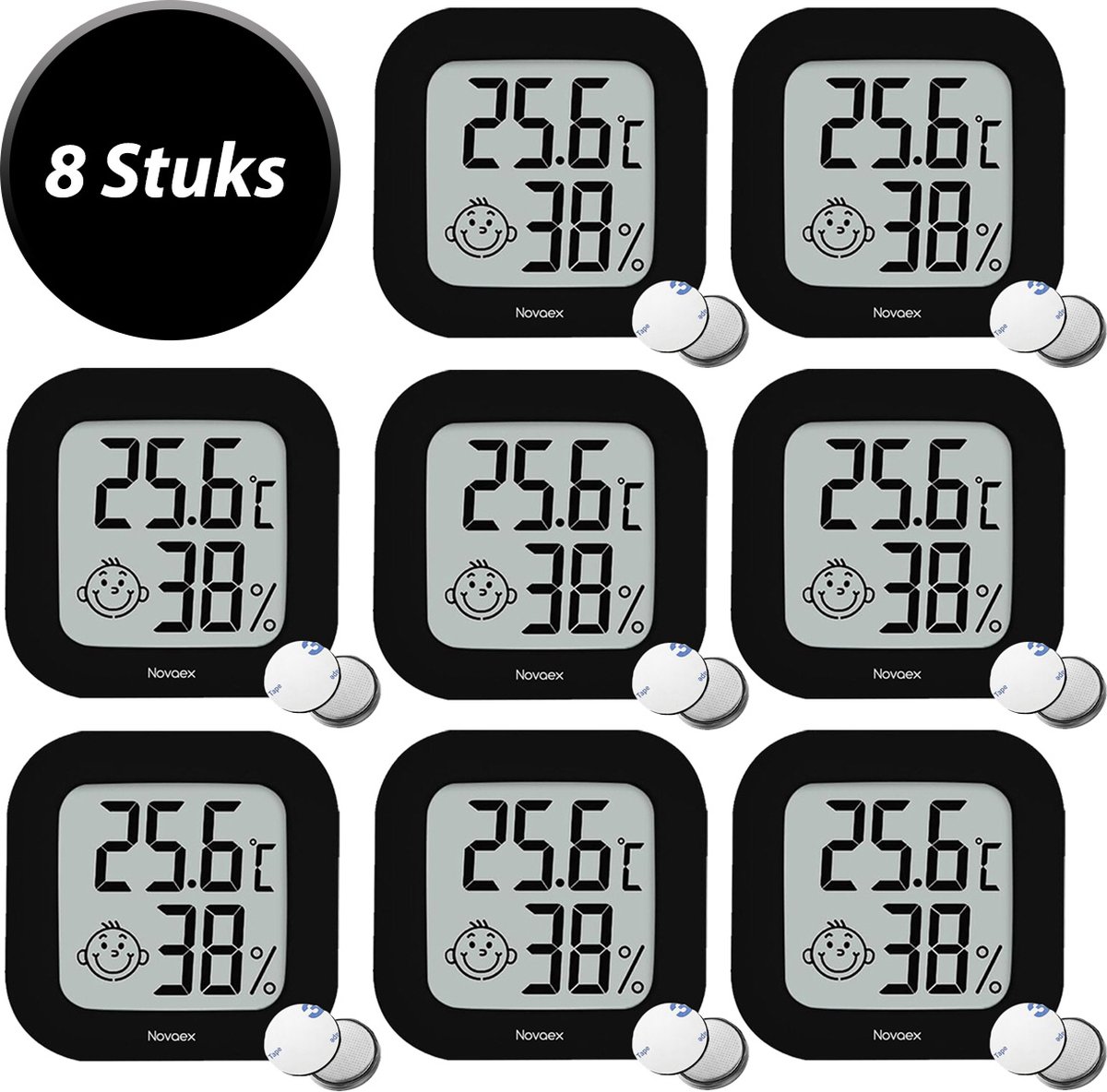 Novaex® Hygrometer - 8-Pack - Incl batterijen en plakstrips - Luchtvochtigheidsmeter - Weerstation - Hydrometer - Hygrometer voor binnen