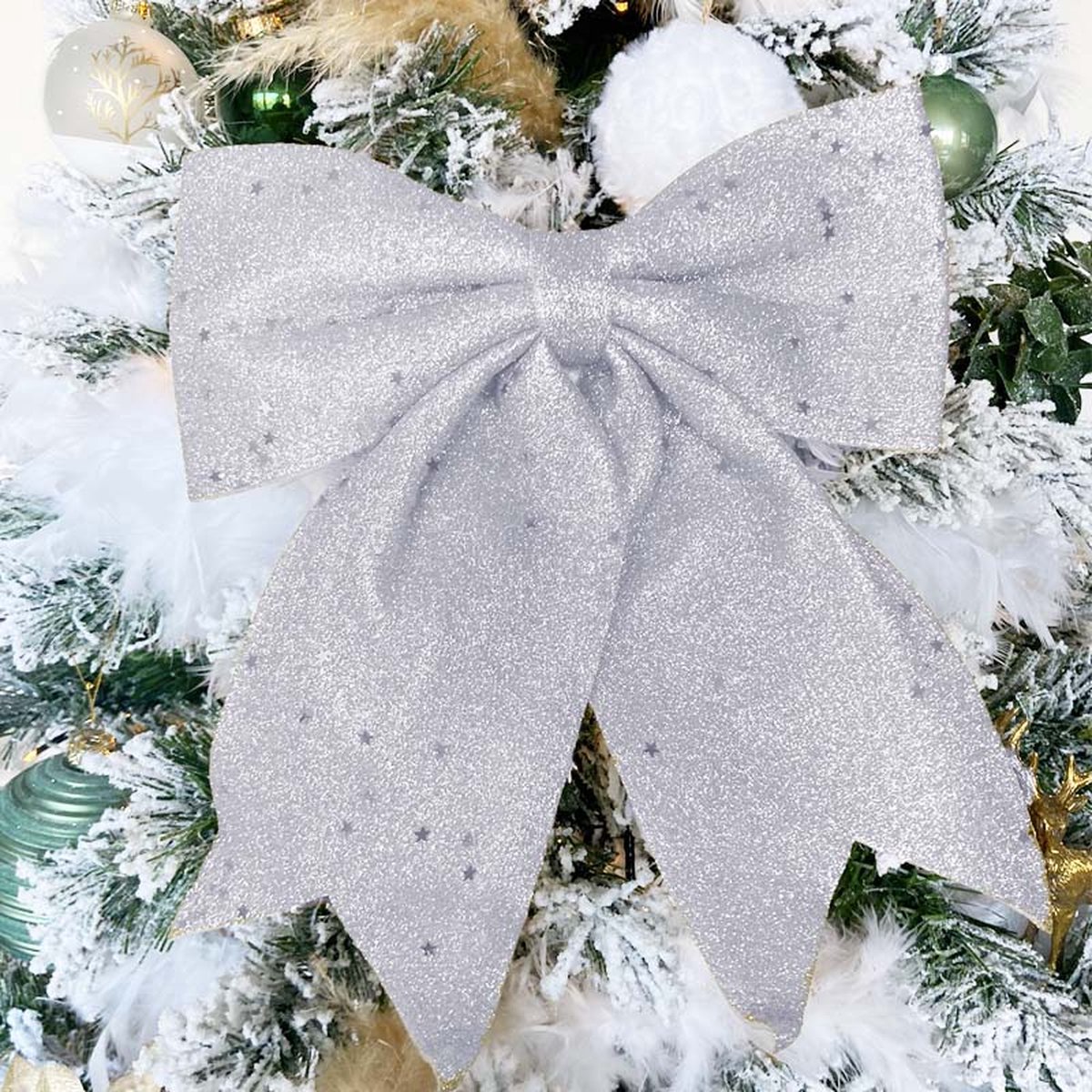 Kerststrik Decoratie 20x25cm Glitters Zilver - Plastic - Zilver - Argent - Lot de 6 - SILUMEN