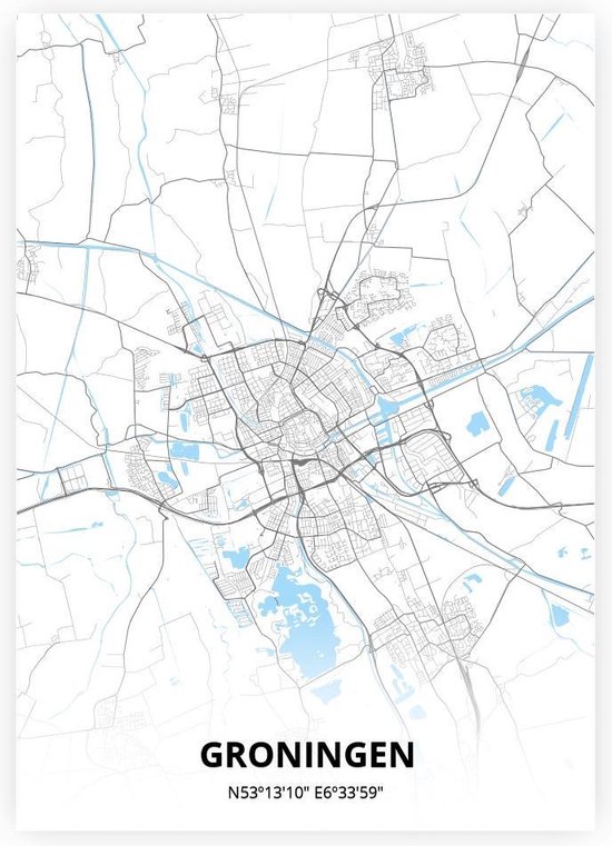 Groningen plattegrond - A3 poster - Zwart blauwe stijl